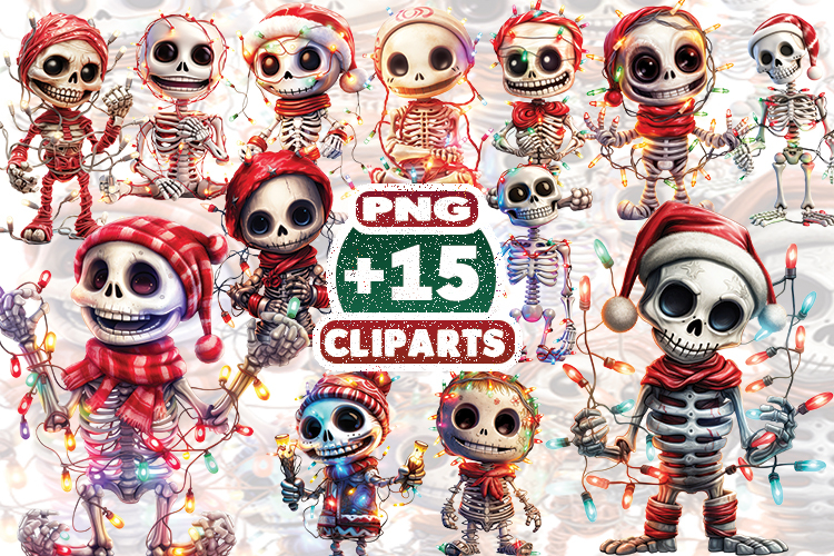 Christmas Skeleton Sublimation Clipart | Gothic Skull Santa