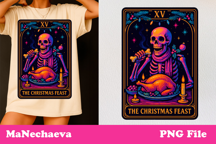 Christmas Skeleton Tarot Card | Neon Iridescent Clipart