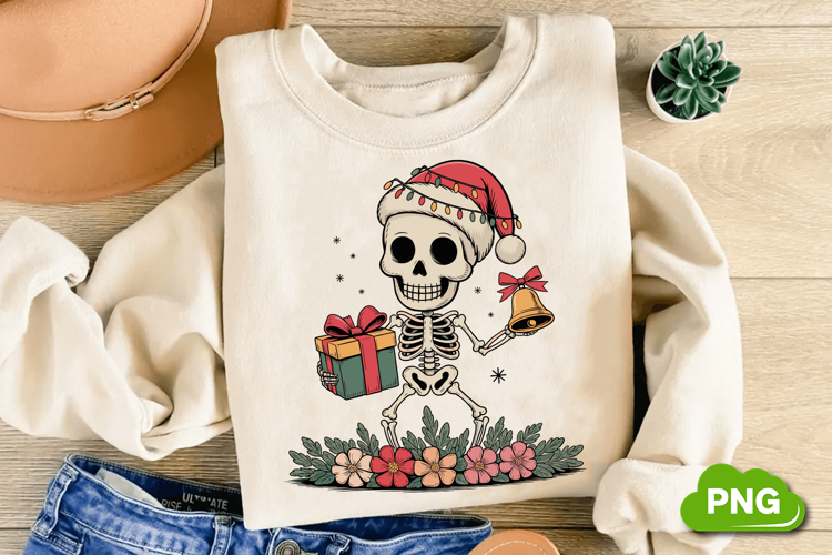Christmas Skeleton With Gift PNG, Christmas Skeleton Clipart