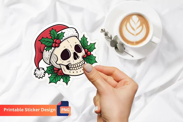 Christmas Skull Sticker, Gothic Christmas Skull Sticker