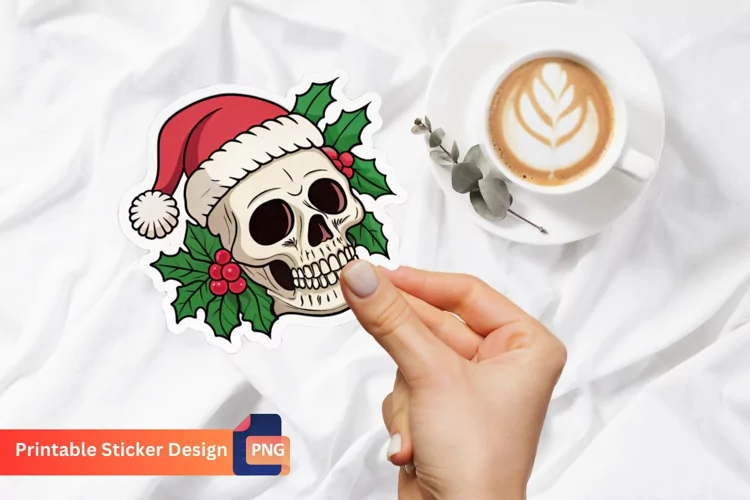 Christmas Skull Sticker, Gothic Christmas Skull Sticker