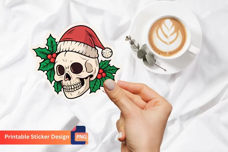 Christmas Skull Sticker, Gothic Christmas Skull Sticker