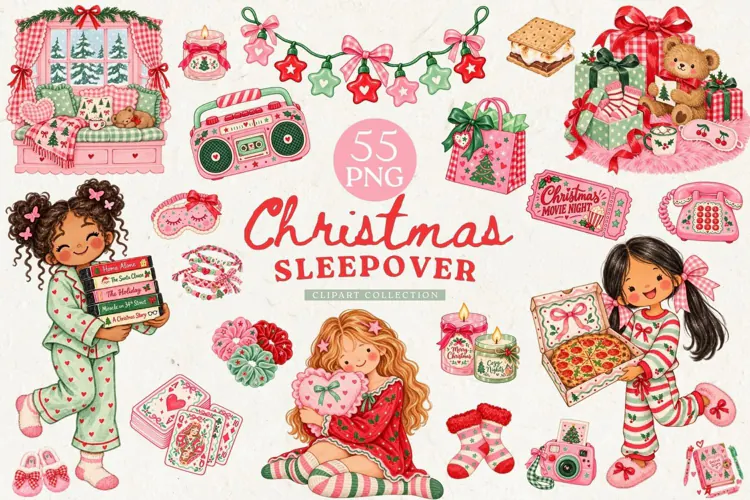 Christmas Sleepover Clipart, Pink Christmas Movie Night PNG