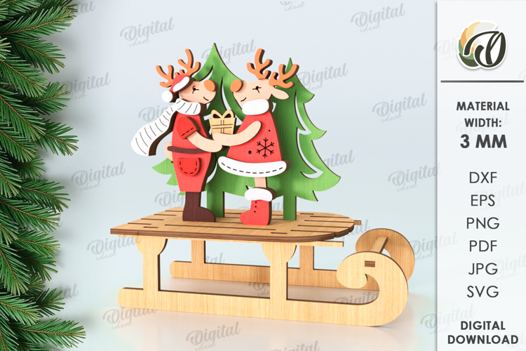 Christmas Sleigh Stand Laser Cut. Reindeer SVG