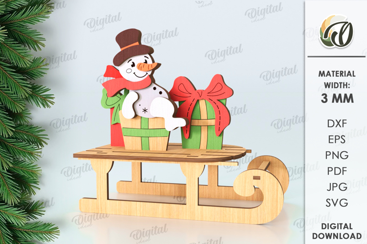 Christmas Sleigh Stand Laser Cut. Snowman SVG