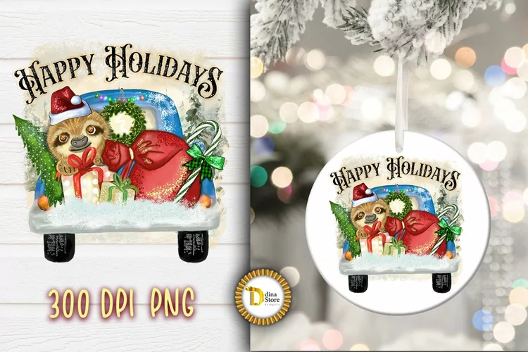 Christmas Cute Sloth with Vintage Truck - Christmas PNG
