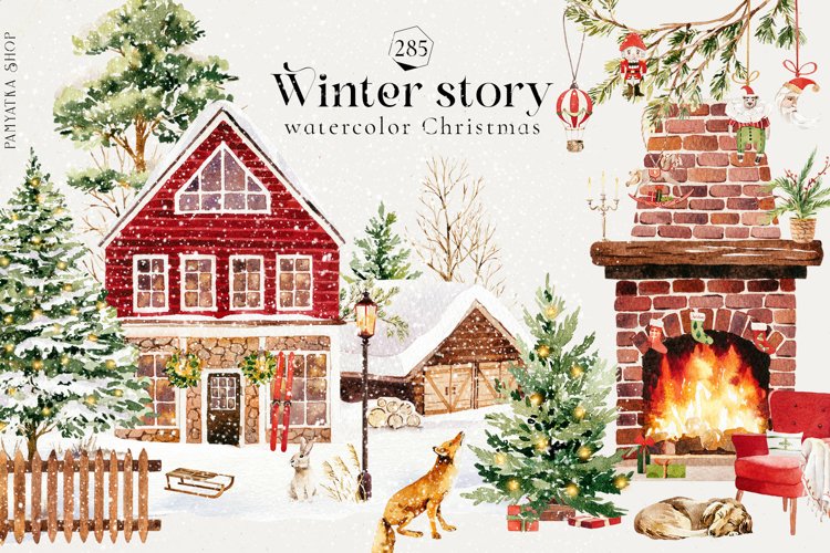 Winter story - watercolor Christmas clipart