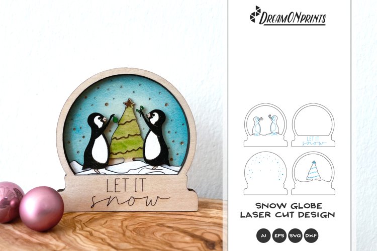 Christmas Snow Globe Laser Cut Design with Penguins