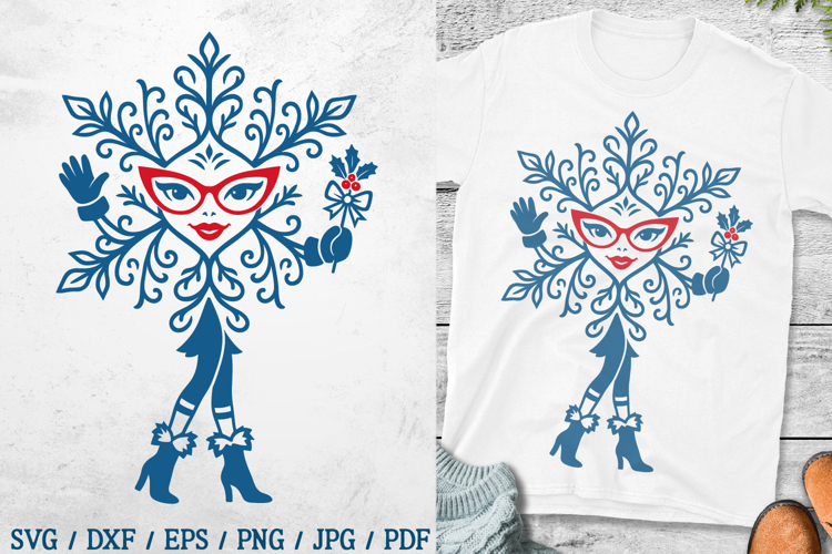 Christmas Lady Snowflake SVG with Mistletoe Mittens Clipart