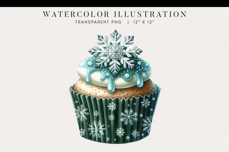 Christmas Snowflake Watercolor Cupcake Clipart