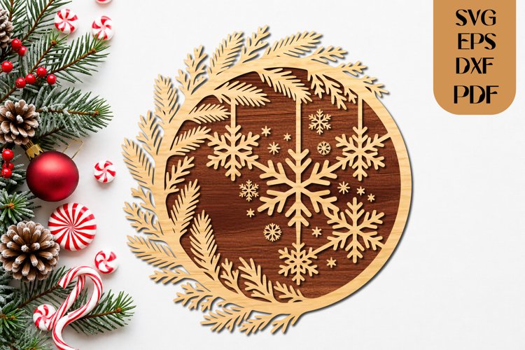 Christmas Snowflake Wreath SVG Laser Cut