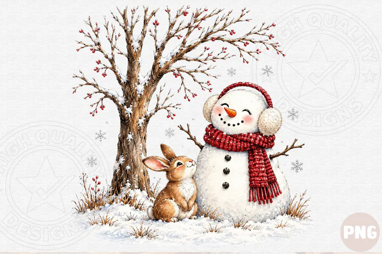 Christmas Snowman & Bunny PNG | Cute Winter Woodland Sublima