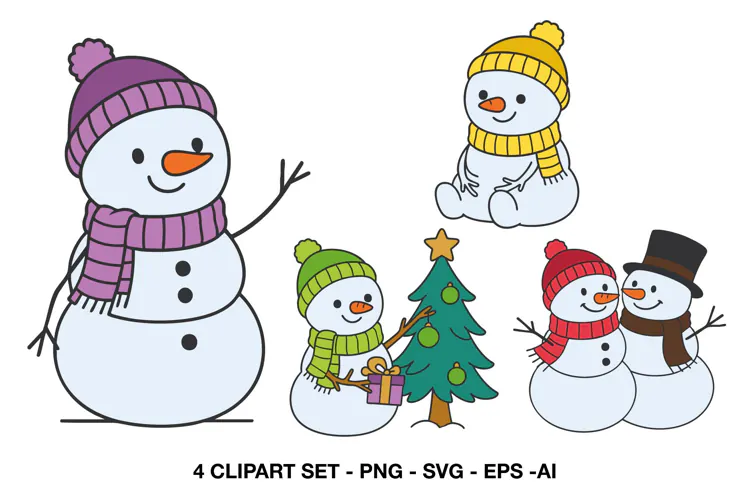 Christmas Snowman Clipart with Cute Winter Holiday Scenes