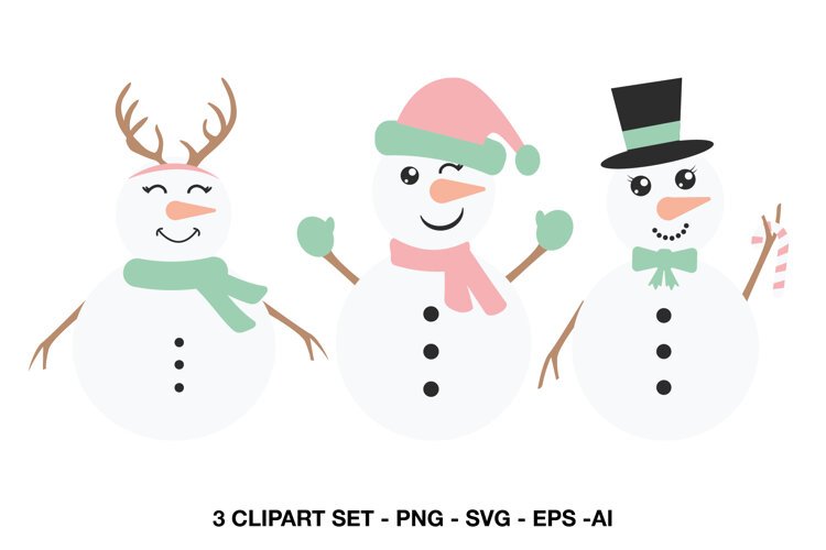 Cute Christmas snowman clipart with three cheerful winter characters in festive accessories