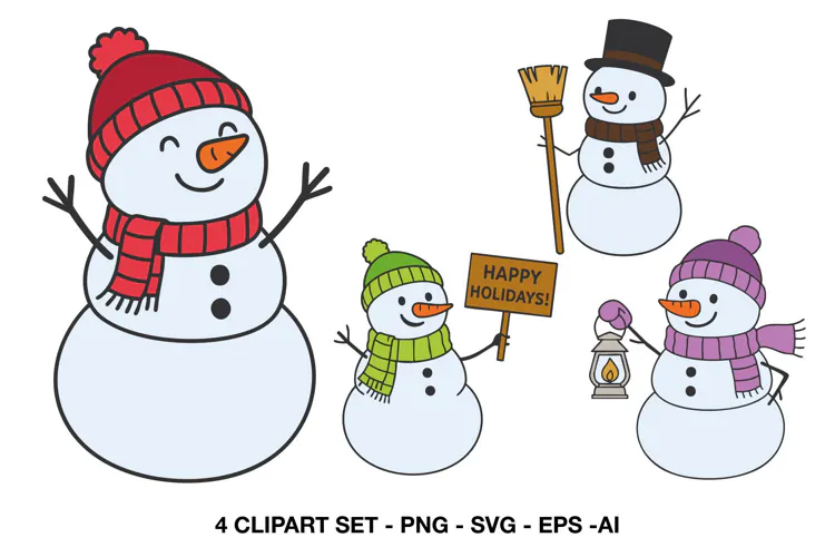 Christmas Snowman Clipart with Winter Characters and Props