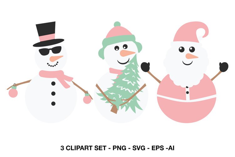 Christmas snowman clipart with three festive winter characters in soft pastel colors