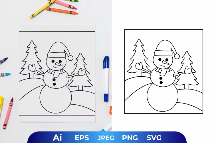 Happy Snowman Between Pine Trees Coloring Page