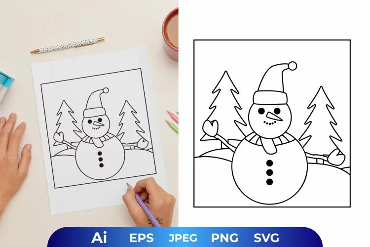 Chuby Snowman Between Pine Trees Coloring Page
