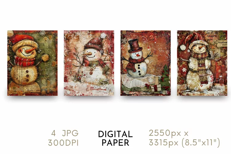 Christmas Snowman Digital Paper Watercolor JPG