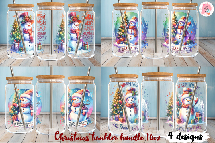 Christmas Snowman Glass 16 Oz Glass Can Wrap Bundle Png