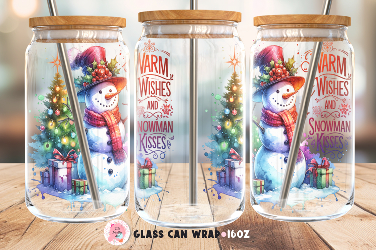 Christmas Snowman Glass 16 Oz Glass Can Wrap Png