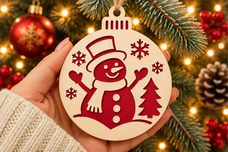 Christmas Snowman Ornament SVG, Laser Cut Snowflake Decor