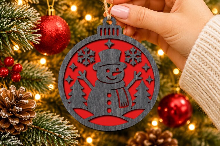 Christmas Snowman Ornament SVG, Laser Cut Winter Scene example image 1