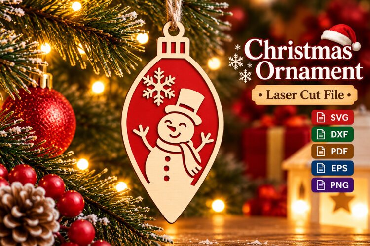Christmas Snowman Ornament SVG, Red Laser Cut Bauble File example image 1