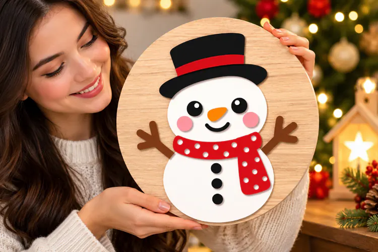 Christmas Snowman Sign SVG, Round Door Hanger File SVG
