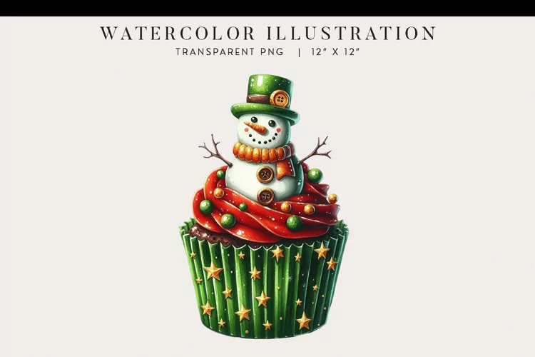 Christmas Snowman Watercolor Cupcake Clipart