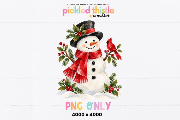 A charming holiday PNG illustration showing a snowman nestled among pine sprigs, holly leaves, and berries, with a vivid red cardinal nearby.