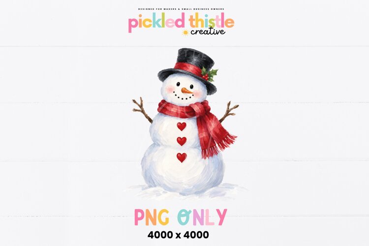 A traditional holiday snowman PNG with visible brushstroke texture, soft ivory and pale blue tones, a black top hat, and beautiful crimson accents.