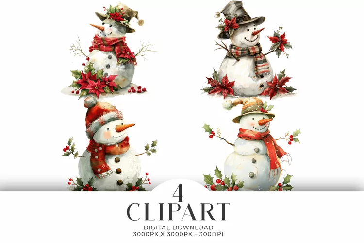 Christmas Snowmen Illustrations Watercolor PNG