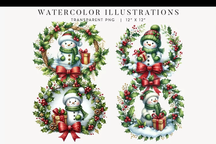Christmas Snowmen Watercolor Clipart