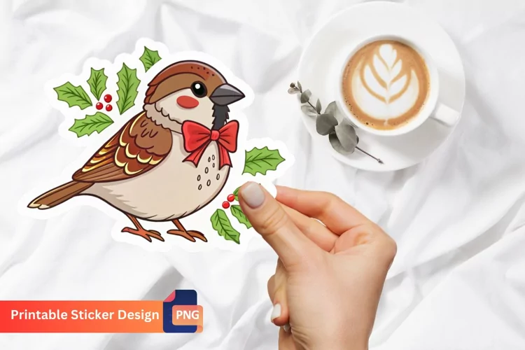 Christmas Sparrow Sticker, Festive Bird Sticker