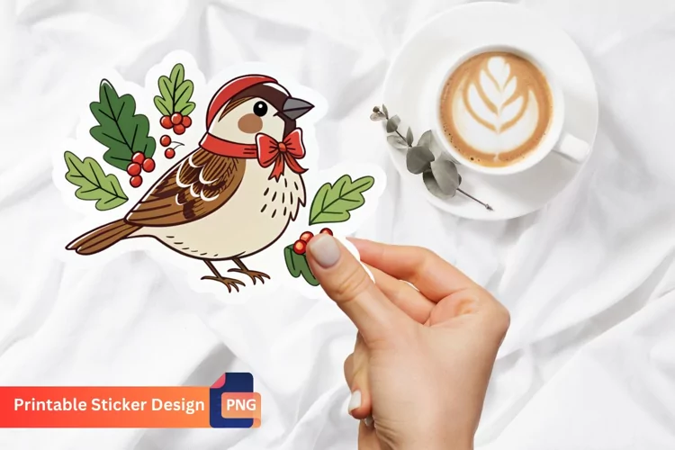 Christmas Sparrow Sticker, Festive Bird Sticker