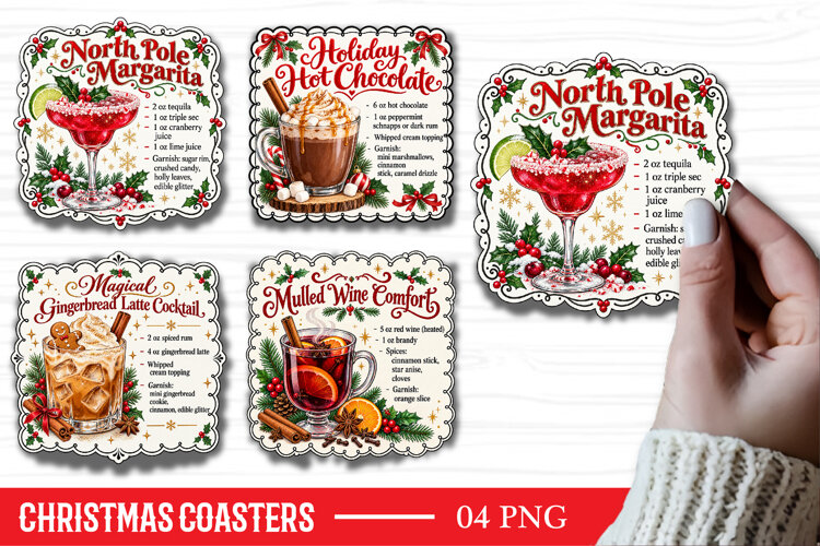 Christmas Square Coaster Sublimation PNG, Christmas Cocktail example image 1