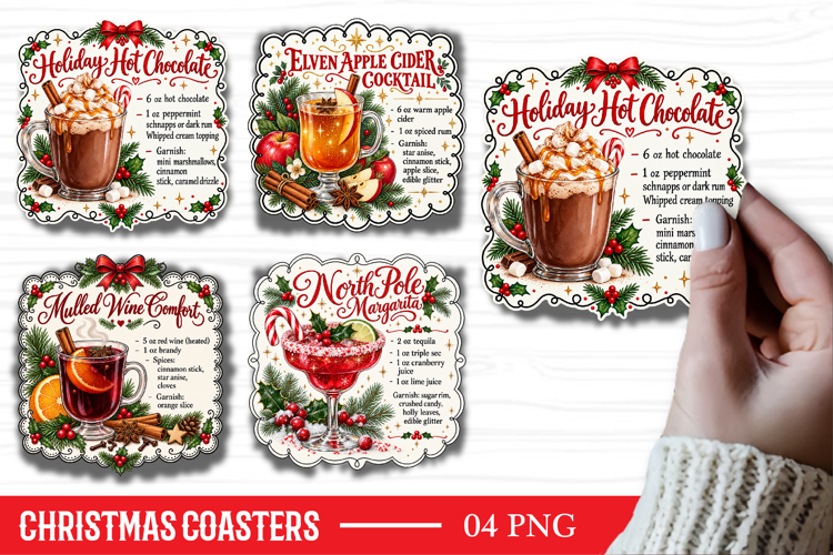 Christmas Square Coaster Sublimation PNG, Christmas Cocktail