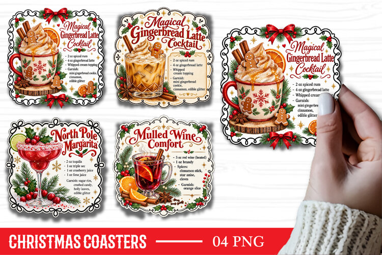Christmas Square Coaster Sublimation PNG, Christmas Cocktail example image 1