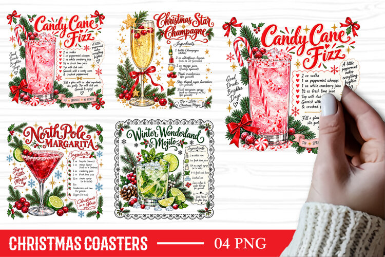 Christmas Square Coaster Sublimation PNG, Christmas Cocktail example image 1