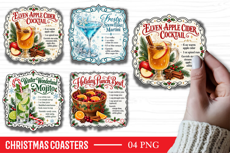 Christmas Square Coaster Sublimation PNG, Christmas Cocktail example image 1