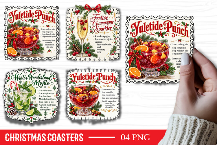 Christmas Square Coaster Sublimation PNG, Christmas Cocktail example image 1
