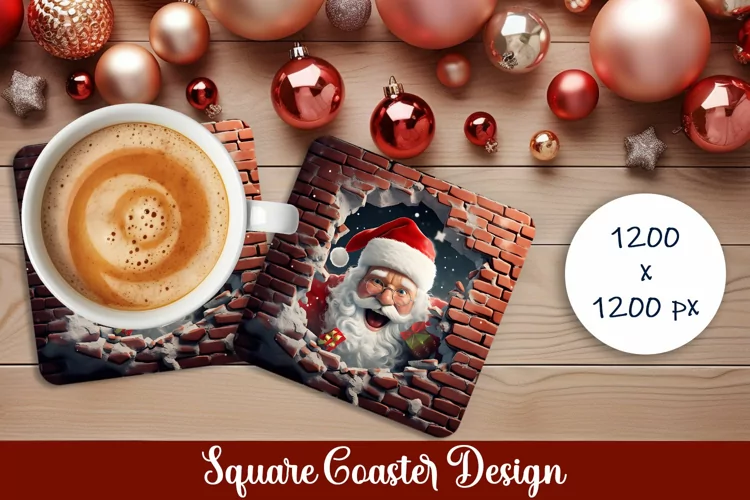 3d Santa Claus Square Coaster Sublimation brick cracked hole