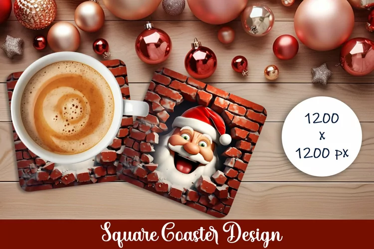 3d Santa Claus Square Coaster Sublimation brick cracked hole