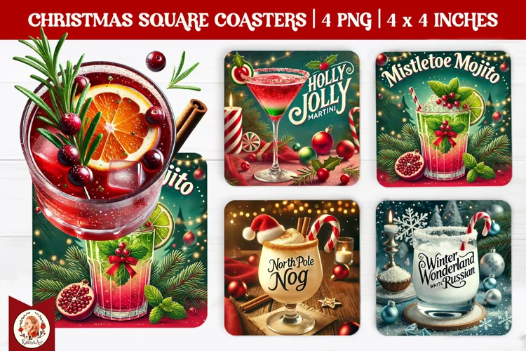 Christmas Cocktails Coaster, Square Coaster