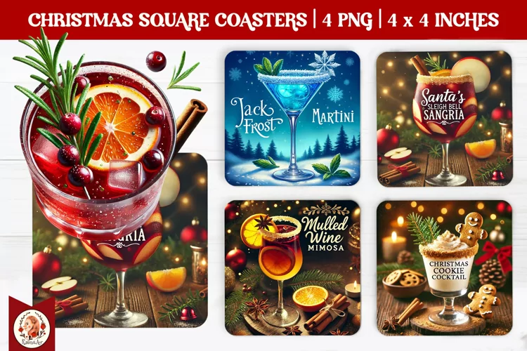 Christmas Cocktails Coaster, Square Coaster
