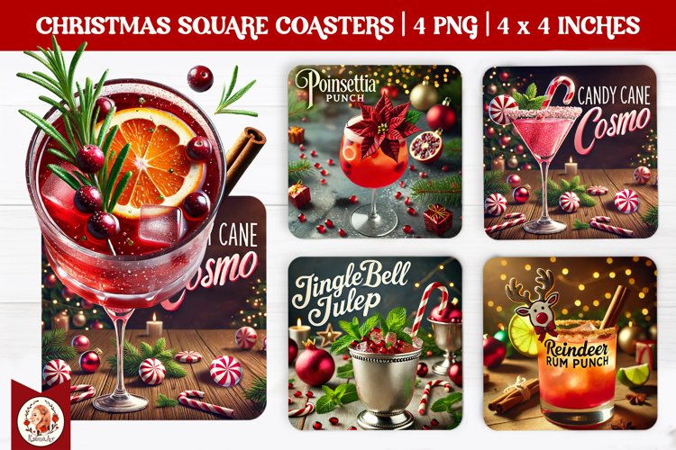Christmas Cocktails Coaster, Square Coaster