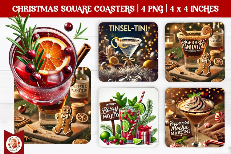 Christmas Cocktails Coaster, Square Coaster