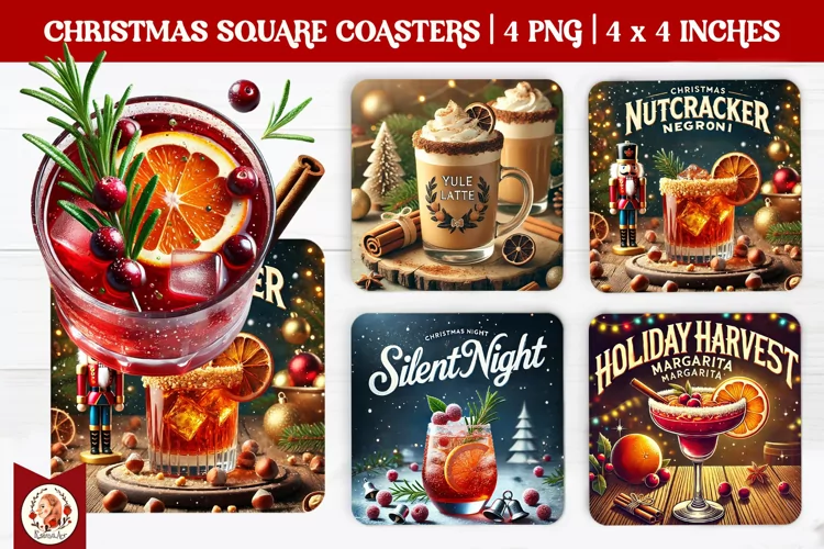 Christmas Cocktails Coaster, Square Coaster