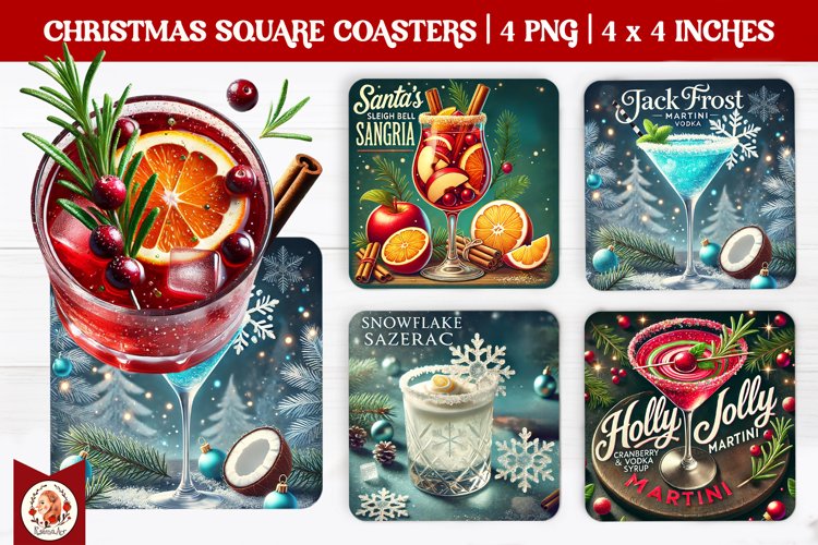 Christmas Cocktails Coaster, Square Coaster
